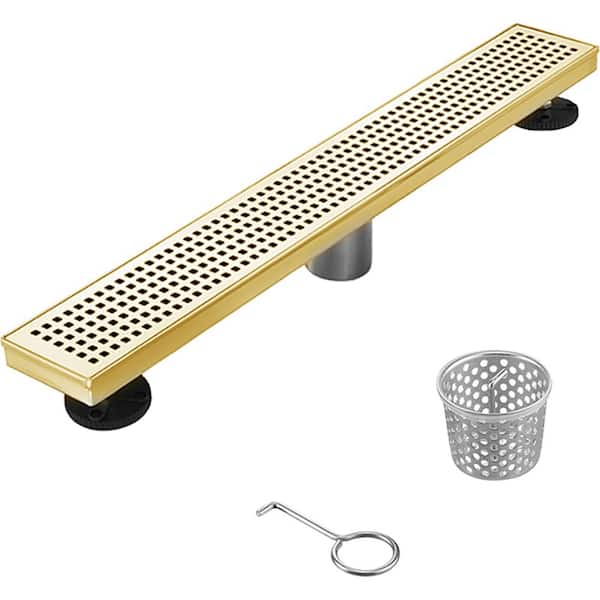 Elegante Drain Collection 24 in. Linear Stainless Steel Shower Drain with Square Hole Pattern and Zirconium Gold Plating