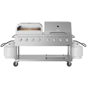 Portable Commercial Outdoor Propane Grill 60 in. with 30 in. Roll Dome Cover and 30 in. Pizza Oven in Stainless Steel