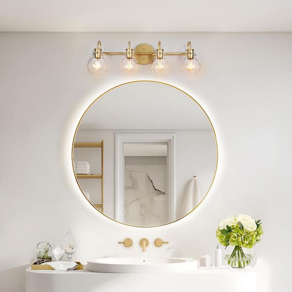 Modern Vanity Light 4-Light Gold 28.5 in. Wall Light with Globe Clear Glass Shades for Bathroom