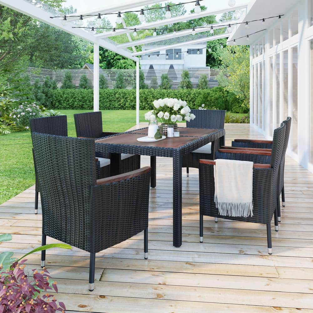 Black 7-Piece PE Rattan Wicker Outdoor Dining Set Garden Dining Table with 