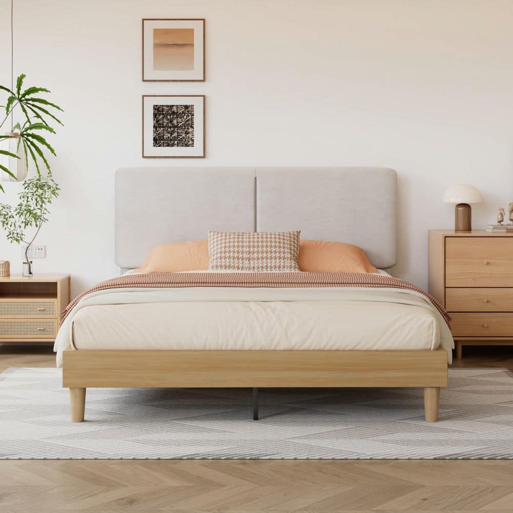 VECELO Upholstered Bed Frame with Linen Fabric Headboard, Strong