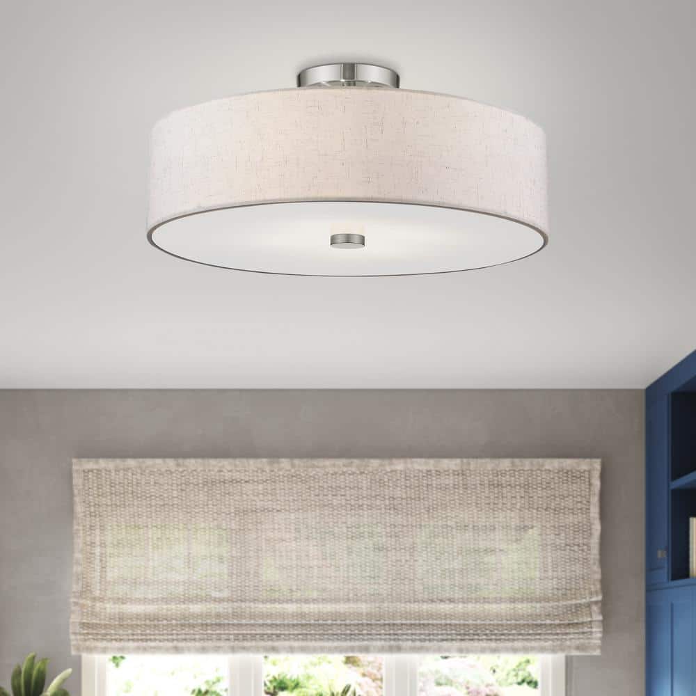 Elegant Brushed Nickel 4-Light Semi-Flush Mount with Oatmeal Fabric Shade