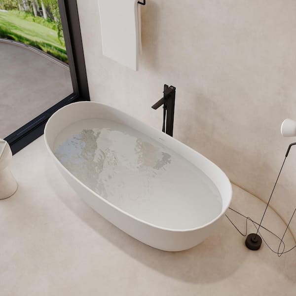 63 in. x 30 in. Freestanding Stone Resin Solid Surface Soaking Bathtub in Matte White, Double Slipper