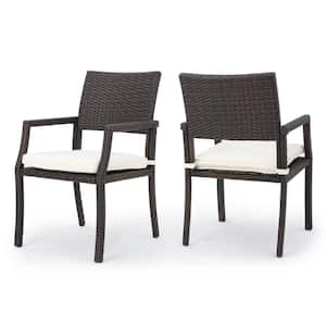 2-Piece Brown Wicker Outdoor Dining Chair with Beige Cushions