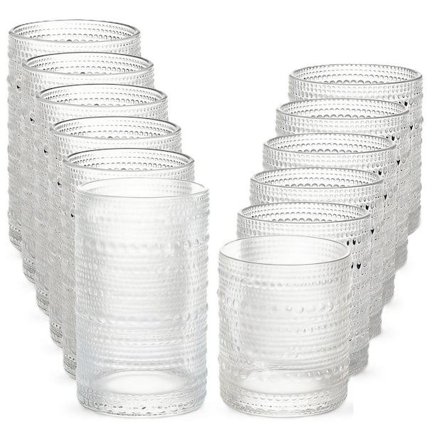 Hobnail Drinking Glasses Set of 12,12 oz. Highball Glasses and 10 oz. Cocktail Glasses, Clear Embossed Boho Glass Cups