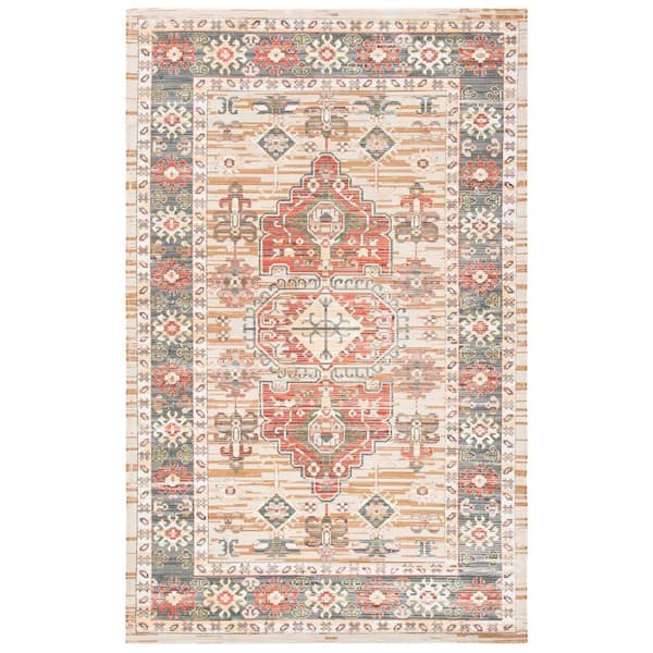 Saffron 8 ft. x 10 ft. Beige/Red Geometric Medallion Border Area Rug