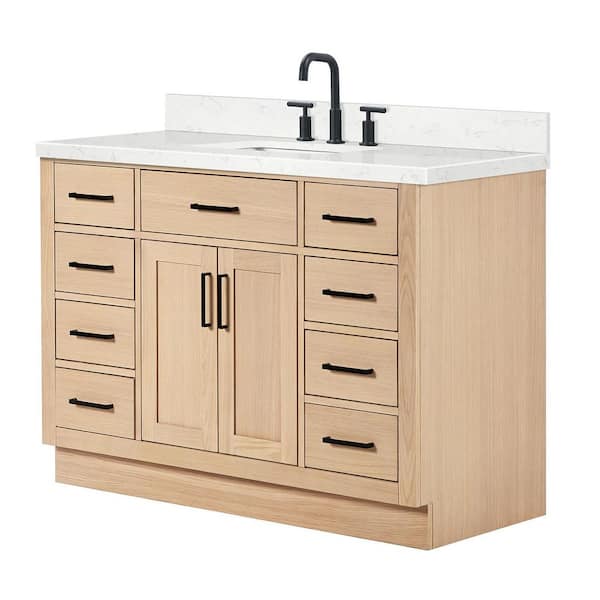 Hepburn 48 in. Single Sink Freestanding Bathroom Vanity in Oak with Carrara White Quartz Top