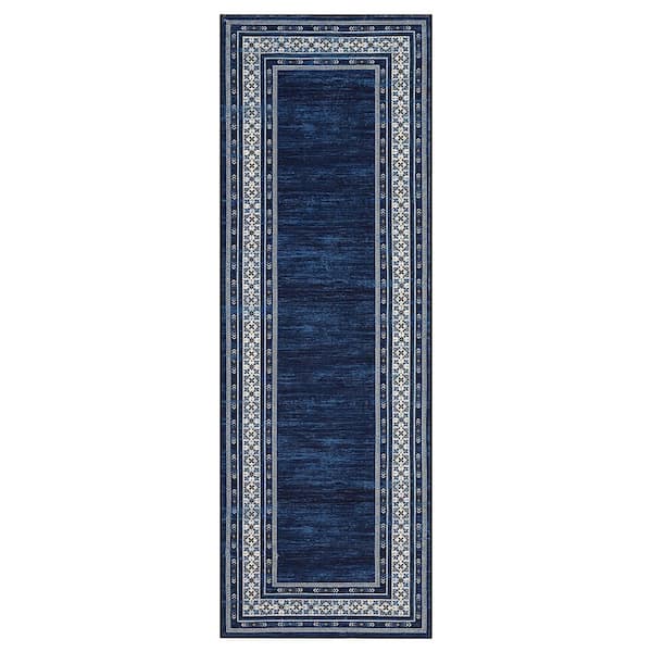 Navy Blue 2 ft. x 6 ft. Washable Bordered Runner Rug, Non Slip Low Pile Stain Resistant Rug for Hallway, Entryway