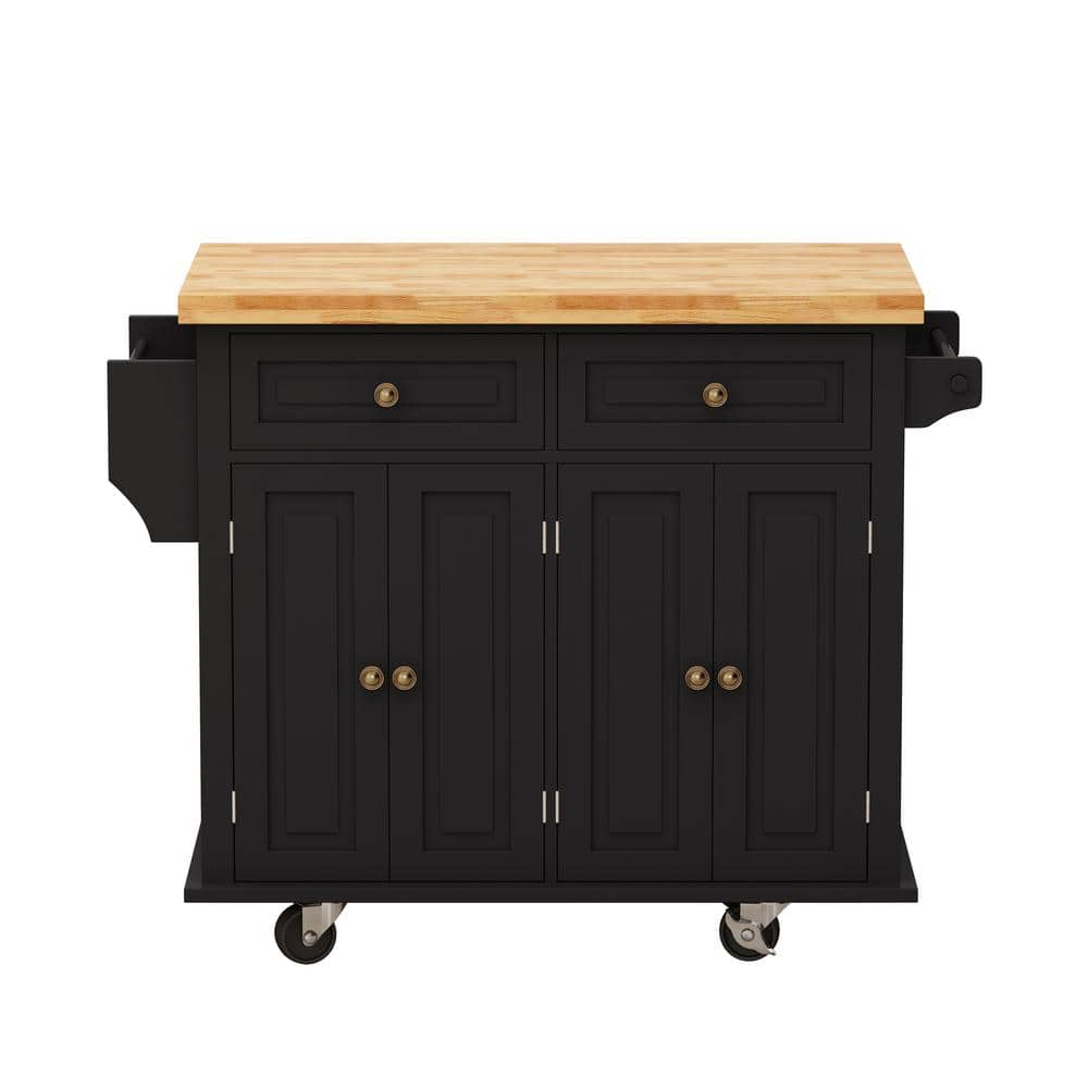 Black Wood Kitchen Cart with Drawers, Spice Rack, Towel Holder, and ...