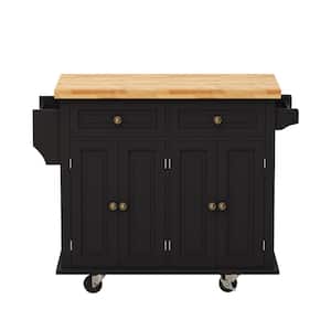 Black Wood Kitchen Cart with Drawers, Spice Rack, Towel Holder, and Adjustable Shelf