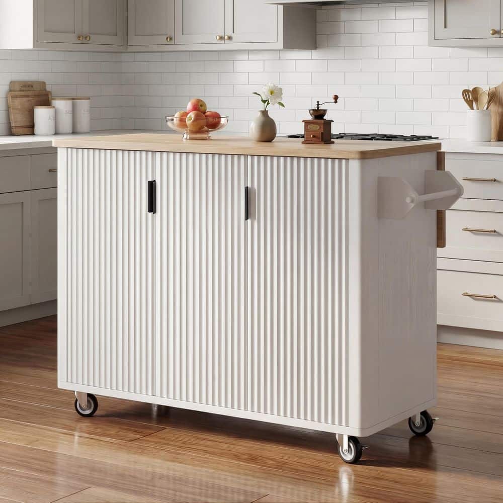 Ximuprmy White Wood 51 in. Kitchen Island with Waveform Fluted