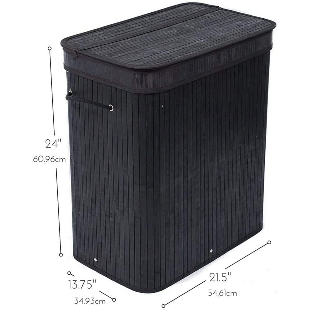 Black Bamboo Double Laundry Hamper with Lid and Cloth Liner