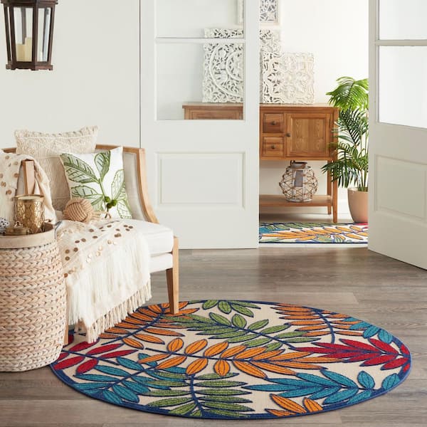 Aloha Multicolor 5 ft. x 5 ft. Round Floral Contemporary Indoor/Outdoor Patio Area Rug