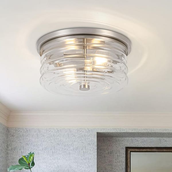 Lumin 2-Light 11 in.W Brushed Nickel Flush Mount Round Drum Ceiling Light with Water Circle Glass Clear Glass for Froyer