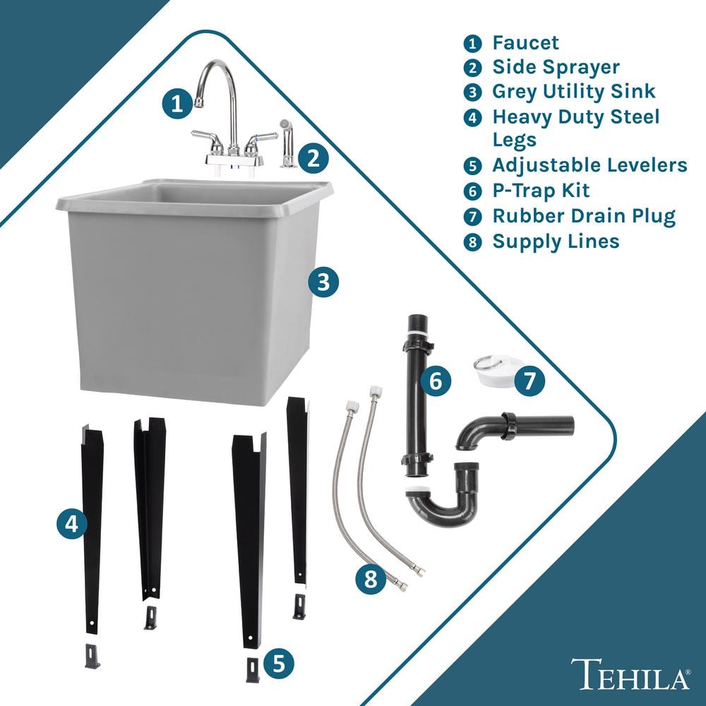 Gray Thermoplastic Freestanding Utility Sink with Chrome Faucet and Sprayer