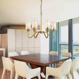 6-Light Classic Style Ceiling Light Chandelier Fixture with Water Grain Glass Shade for Meeting Room Dining Room, Gold