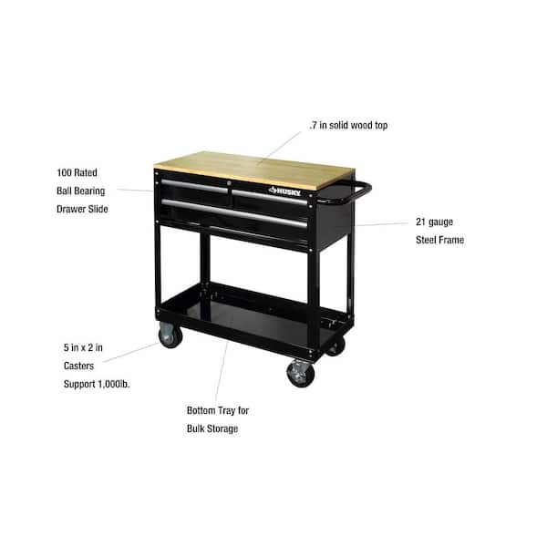 Tool Storage 3-Drawer 36 in. W Standard Duty Gloss Black Rolling Tool Cart with Hardwood Top