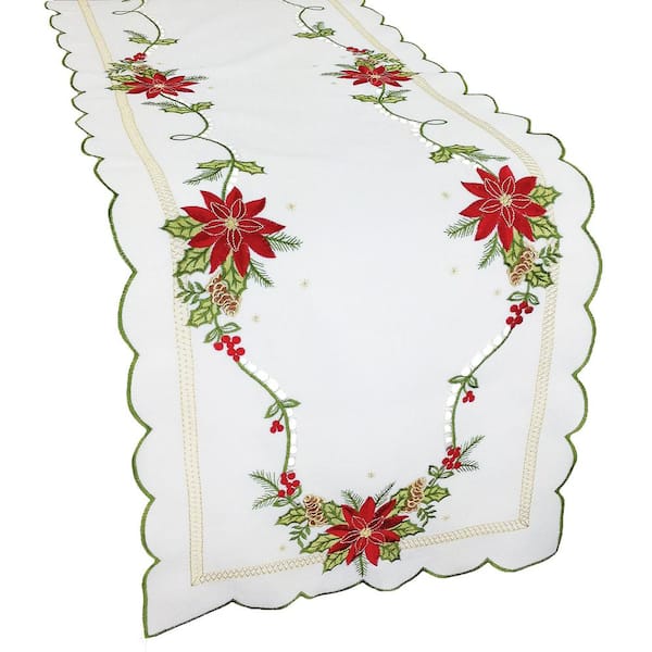 Christmas Holiday Red Poinsettia Embroidered Embroidery Cutwork Placemat Runner 