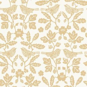Ochre Yellow Sparrow and Oak Paper Peel and Stick Matte Wallpaper