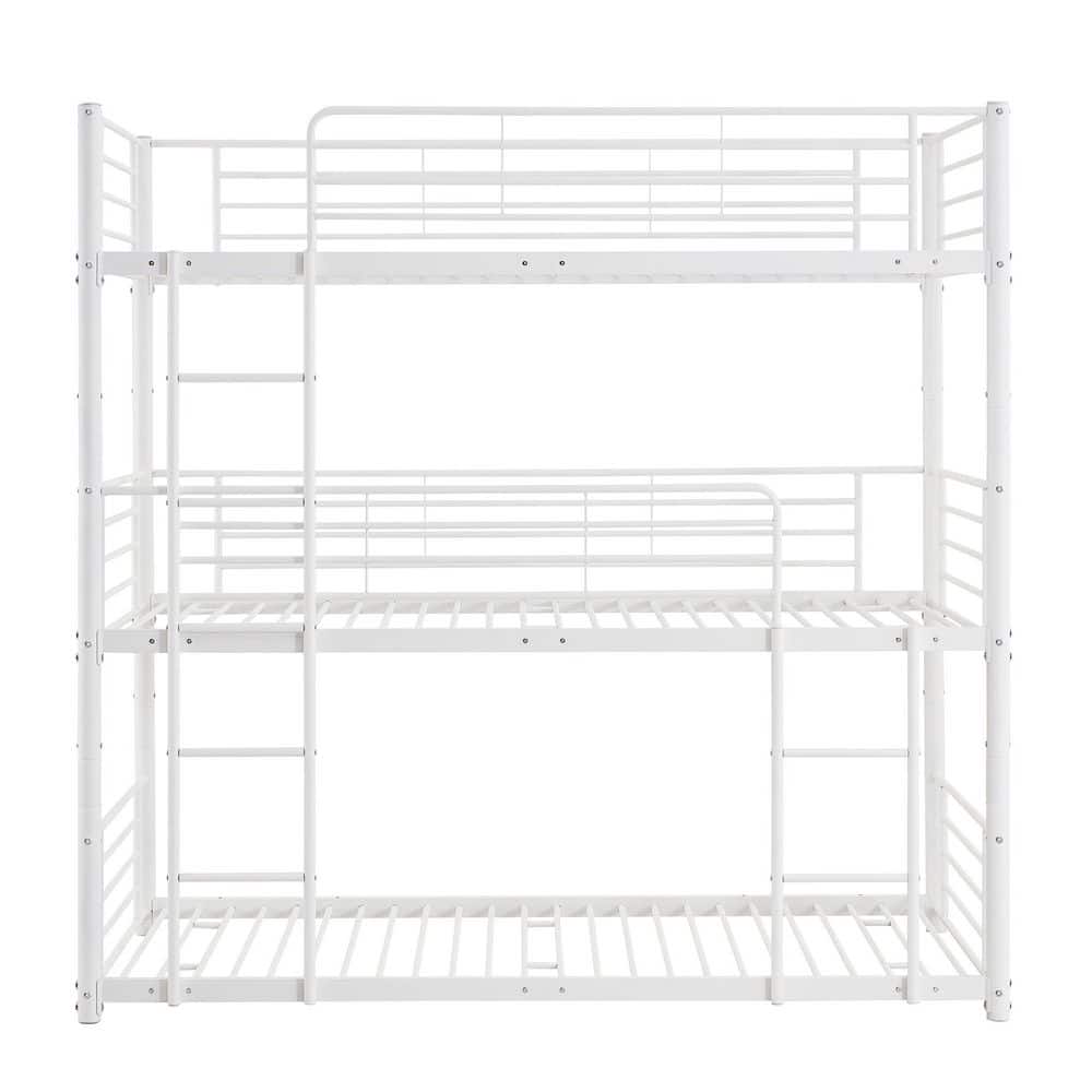 White Twin Metal Triple Bunk Beds with Built-In Ladder, Divided into 3 Beds