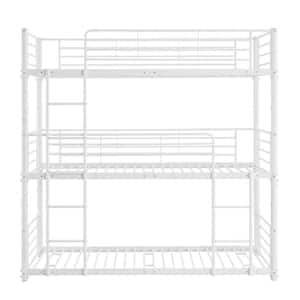 White Twin Metal Triple Bunk Beds with Built-In Ladder, Divided into 3 Beds