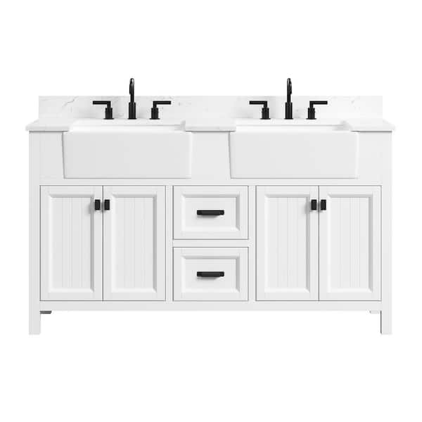Richfield 61 in. Double Sink Freestanding White Bath Vanity with White Engineered Stone Top and Backsplash Assembled