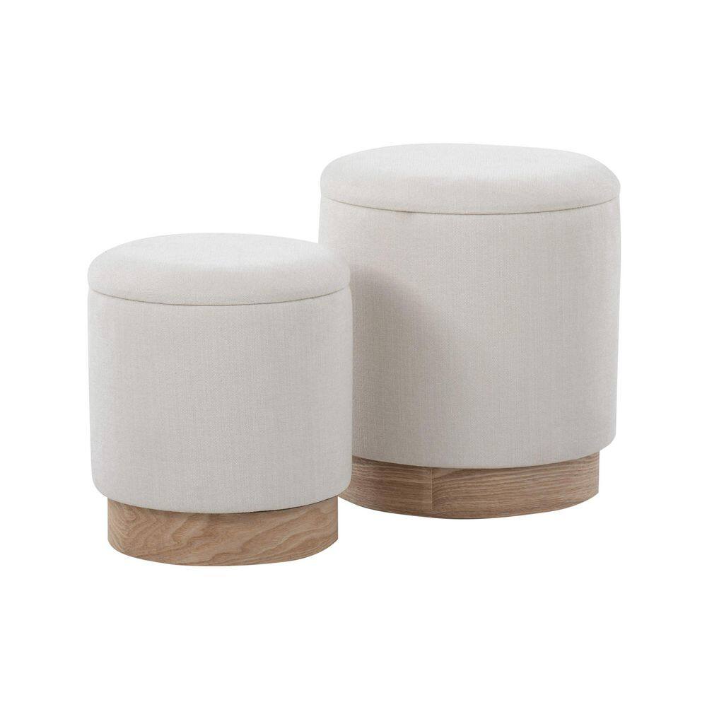 Lumisource Marla Cream Fabric and Natural Wood Nesting Ottoman Set, Cream Fabric & Natural Wood