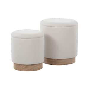 Marla Cream Fabric and Natural Wood Nesting Ottoman Set