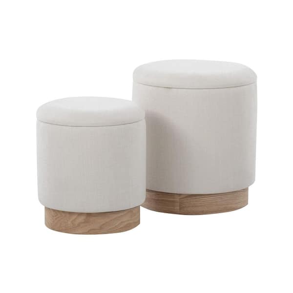 Lumisource Marla Cream Fabric and Natural Wood Nesting Ottoman Set