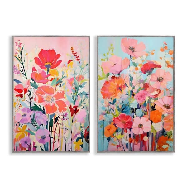 Stupell Industries Bright Contemporary Flowers by LSR Design Studio 2 Pieces Gray Framed Nature Giclee Art Print 24 in. x 16 in.