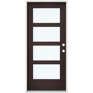 36 in. x 80 in. Left-Hand 4 Lite Clear Glass Espresso Stain Fiberglass Prehung Front Door with Brickmould