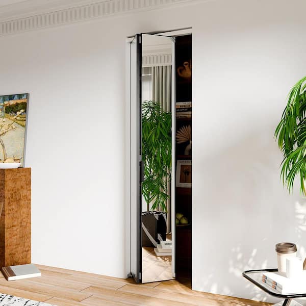 24 in. x 80 in. Mirrored Glass, Black, Hollow Core, MDF, Aluminum Frame, Full Lite Bi-fold Doors with Hardware Kits