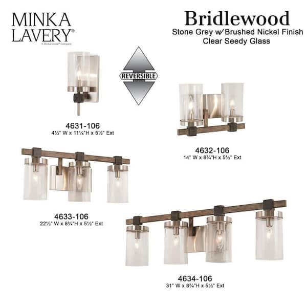 Bridlewood 2-Light Stone Grey with Brushed Nickel Bath Light with Clear Seedy Glass