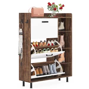 Lauren 50 in. H x 35.43 in. W Brown Wood Shoe Storage Cabinet with 3 Flip Doors and 5 Open Shelves, 22 Pairs