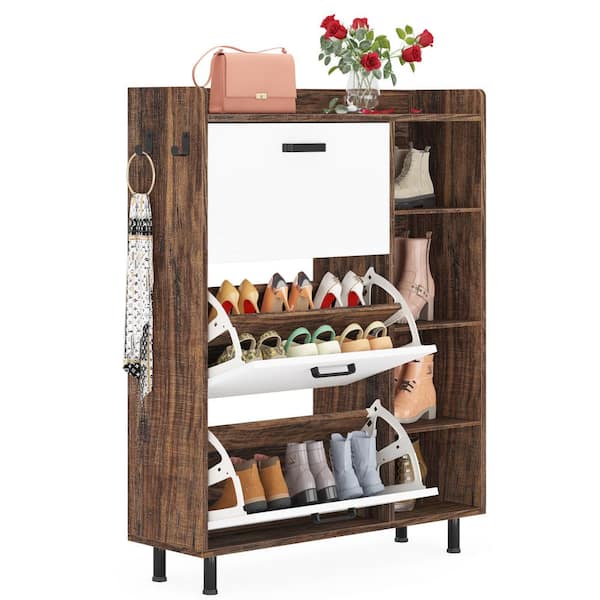BYBLIGHT Lauren 50 in. H x 35.43 in. W Brown Wood Shoe Storage Cabinet with 3 Flip Doors and 5 Open Shelves, 22 Pairs