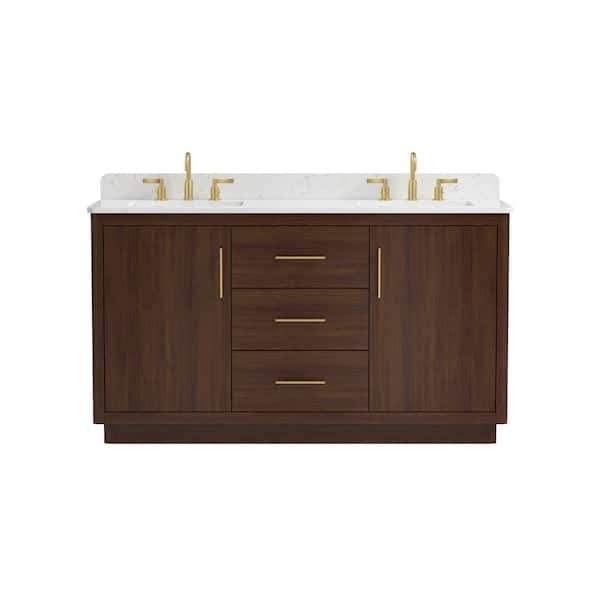Grisel 61 in. Double Sink Freestanding Brown Bath Vanity with White Engineered Stone Top and Backsplash Assembled