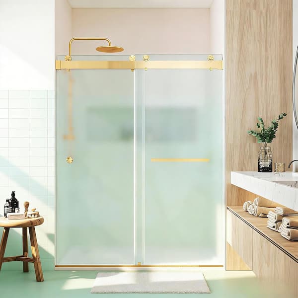 56-61 in. W x 76 in. H Double Sliding Frameless Shower Door in Brushed Gold 3/8 in. Frosted SGCC Glass with 1-Towel Bar