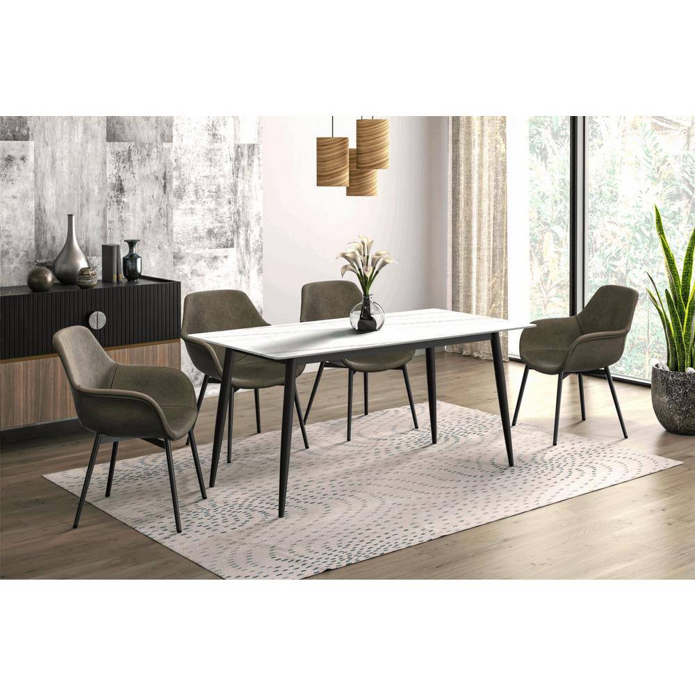 Zayle Dining Table with a 71 in. Sintered Stone Rectangular Wide Tabletop and Black Steel Base in White/Gold