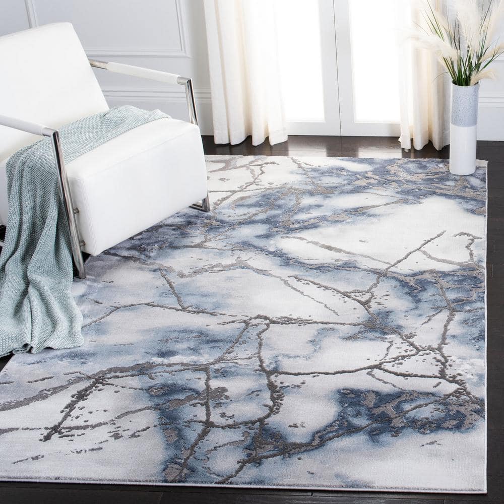 Blue and Gray Abstract Non-Slip Synthetic Round Rug