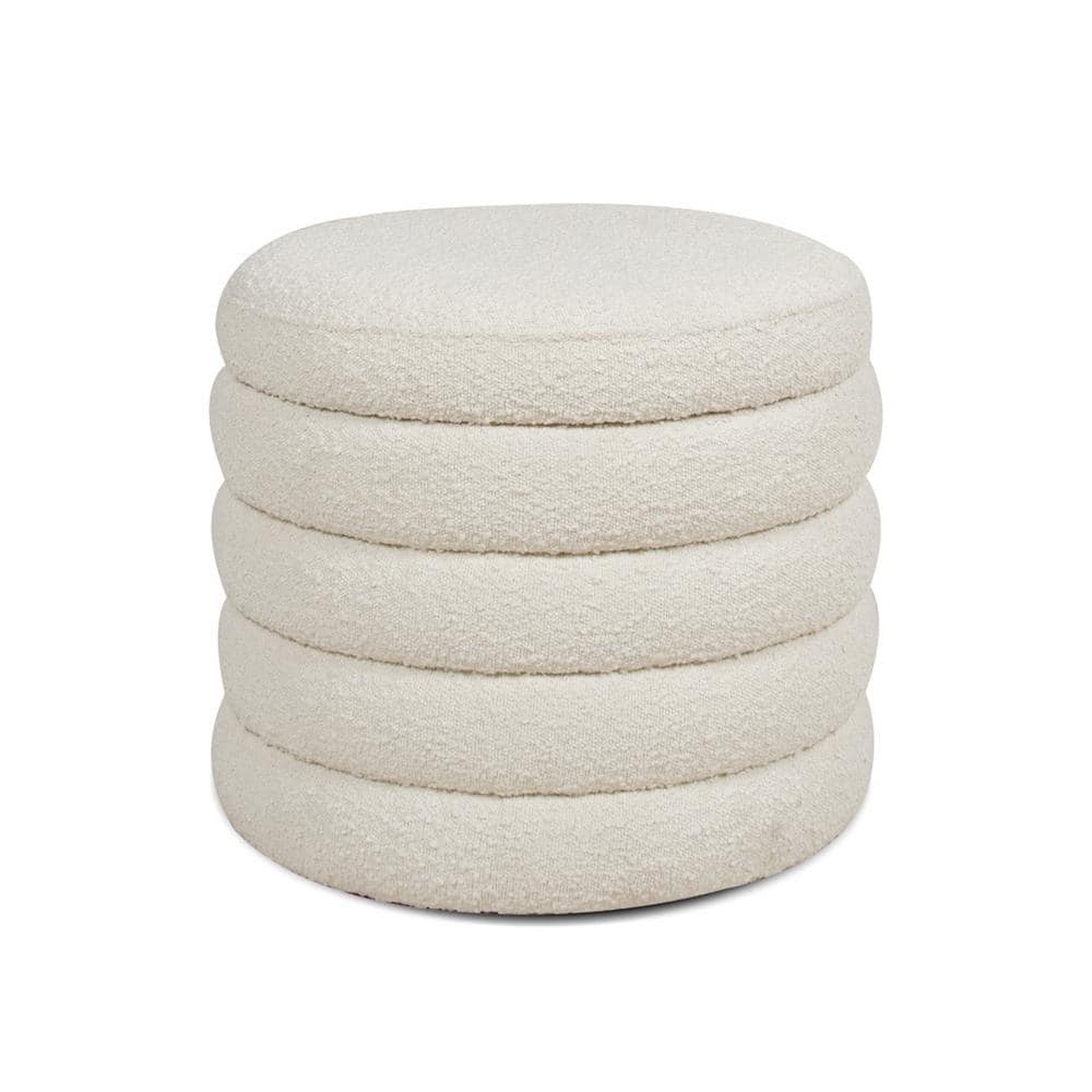 Ivory White 19" Round Boucle Storage Ottoman
