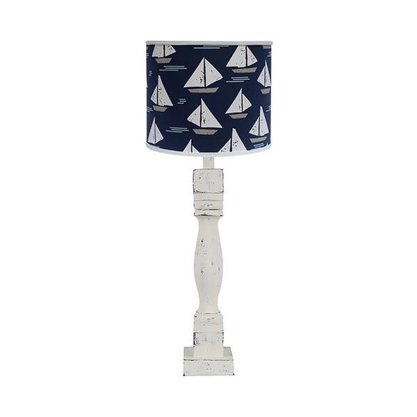 HomeRoots 30 in. Distressed White Candlestick Table Lamp With Navy Sailboat Shade