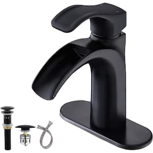 Matte Black Bathroom Vanity Sink Faucet Waterfall Spout Single Handle for 1-Hole and 3-Holes Bath Accessory Set