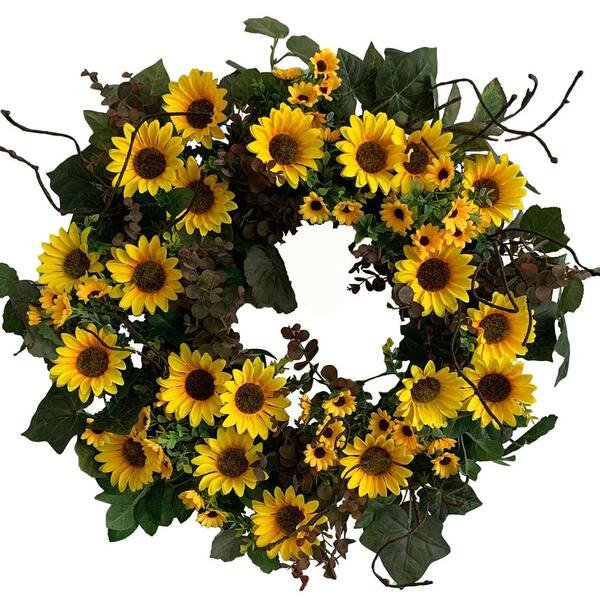 Glitzhome 24 in. Unlit Green Artificial Wreath with Golden Yellow Sunflowers