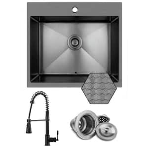 Wupste 30-Inch Gunmetal Black Drop-In Kitchen Sink Workstation – Stainless Steel Single Bowl With Faucet, Soap Dispenser, Cutting Board, And Colander Set