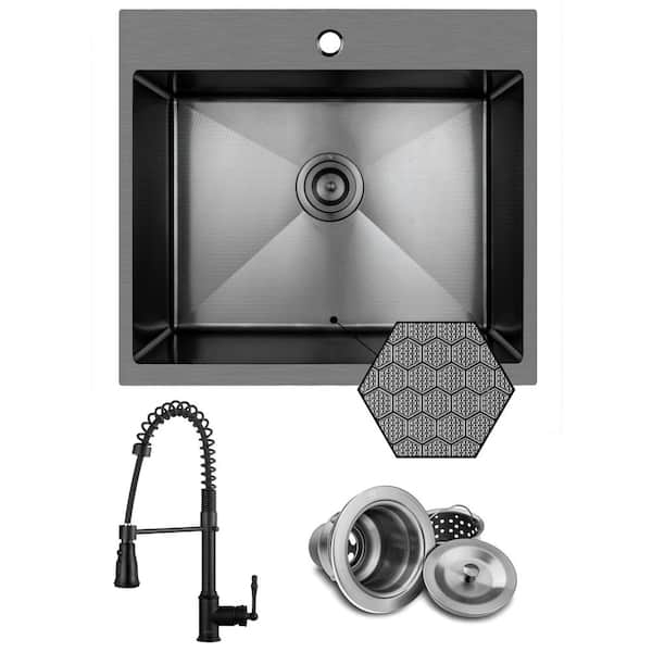 HEX 25 in. Drop-in Single Bowl Gunmetal Black Stainless Steel Kitchen Sink with Faucet