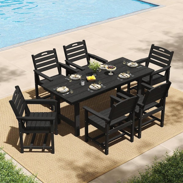 7-Piece Plastic Rectangular Outdoor Dining Set, HDPE Patio Table with Umbrella Hole and 6 HDPE Patio Chairs for Lawn