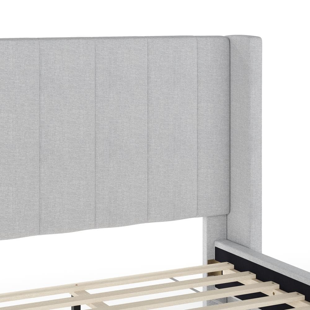 Gray King Upholstered Platform Bed with Linen Wingback Headboard