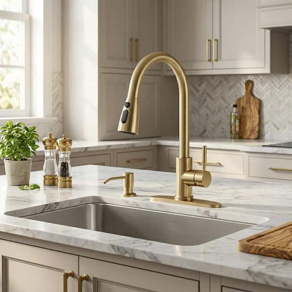 Single Handle Pull Down Sprayer Kitchen Faucet with 3-Mode Sprayer and Soap Dispenser in Brushed Gold