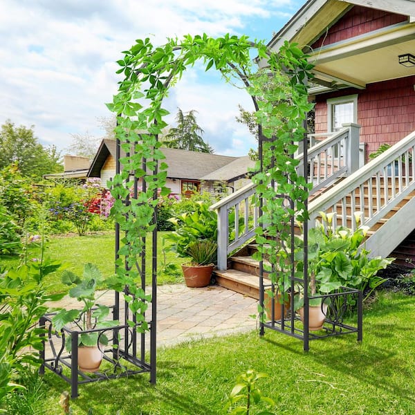 81 in. x 82.75 in. Steel Garden Arch Arbor Trellis with Scrollwork Hearts, Planter Boxes for Ceremony, Weddings