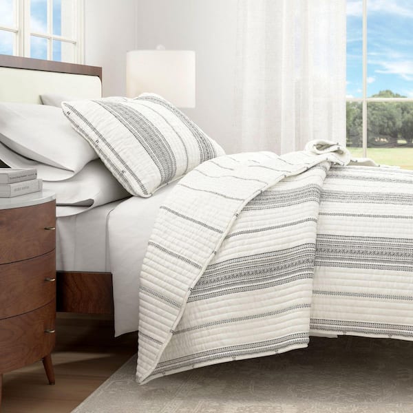 FRESHFOLDS Gray Farmhouse Inspired Stripe Twin Microfiber 2-Piece Quilt Set Bedspread